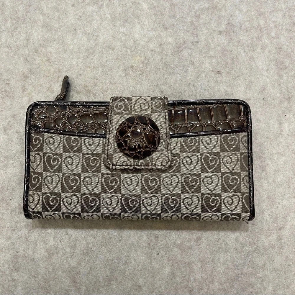 Y2K 2000’s Long Checkbook Zip Snap Wallet Brown Checker Heart Print Faux Croc